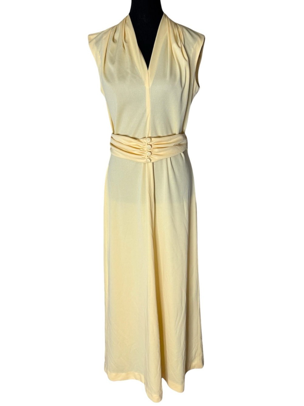 Vintage Sleeveless Butter Yellow Maxi Dress V Neck Belt Zipper Medium *Flaw*